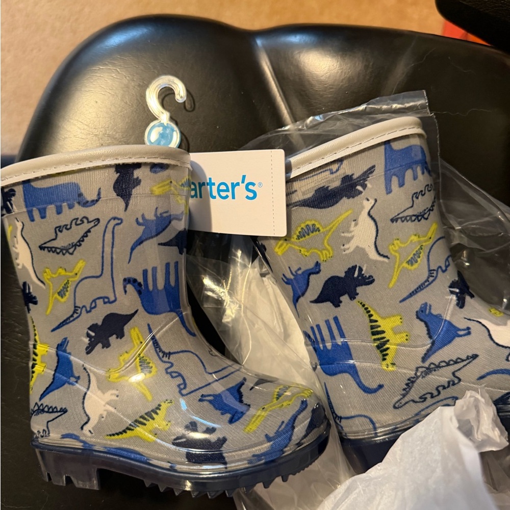 Carter's Gray Rain Boots with Blue and Yellow Dinosaur Print - Kids